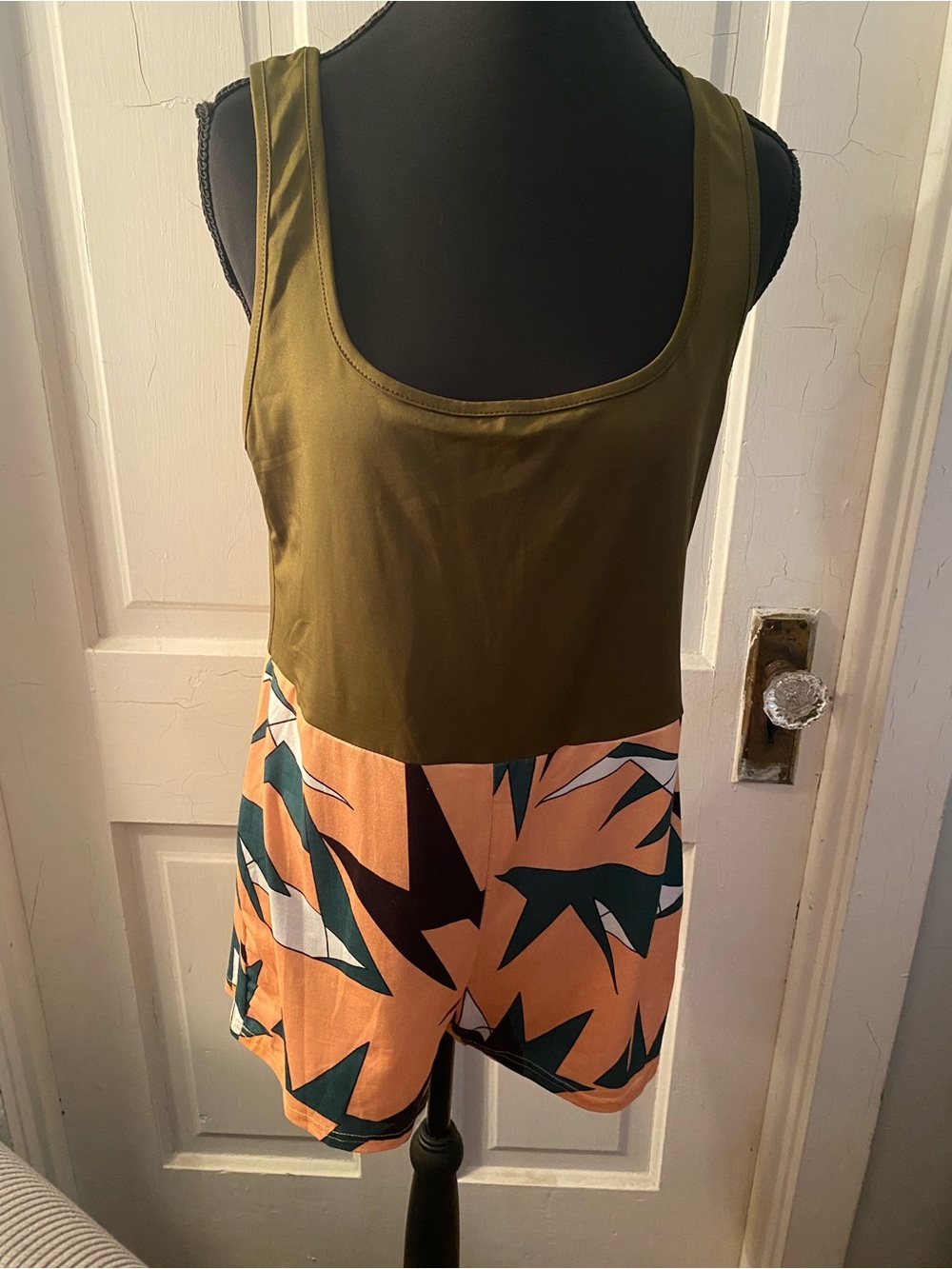 SHEIN Olive Green Tank Romper with Peach Tropical Print Shorts